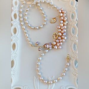 N41-Handmade Pink Flower And Flameball Pearl Rose Necklace